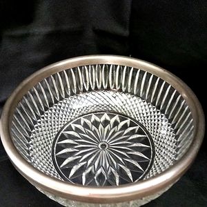 Crystal Serving Bowl Italian Leanord ?Cut Glass Silver Rim 9in diameter VINTAGE
